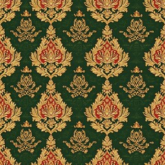 A fabric design featuring a repeating pattern of traditional Thai Kanok motifs intertwined with sacred symbols. The motifs are depicted in vibrant shades of gold and crimson, with intricate detailing
