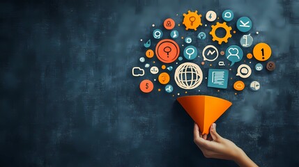 Marketing digital and customer conversion. A girl's hand holds a yellow sales funnel with digital marketing and social media symbols against a dark gray wall.