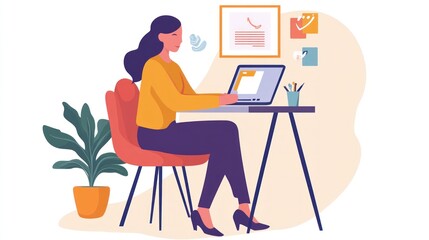 Woman Working on Laptop in Home Office