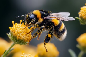 Bumblebees, with pollen-covered faces, focused workers show their dedication to the task at hand