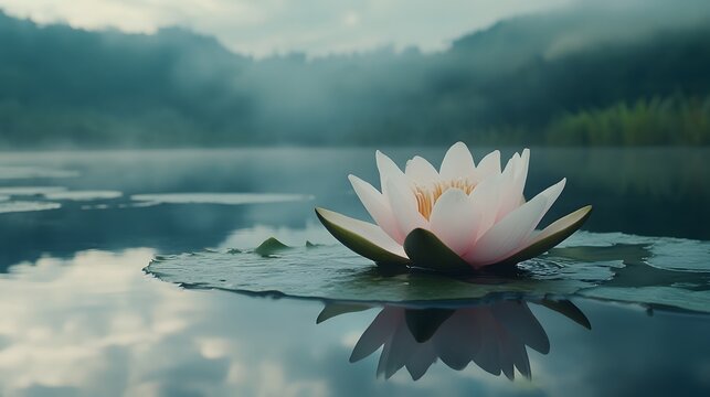 A serene scene of an elegant white lotus flower floating on the water, with its petals reflecting in the calm surface and surrounded by lily pads