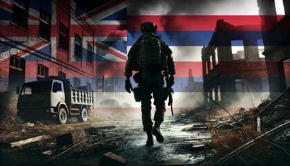 A lone soldier walking through a war-torn urban landscape with the Hawaii flag overlay, symbolizing the bravery and resilience of  military forces in conflict zones.