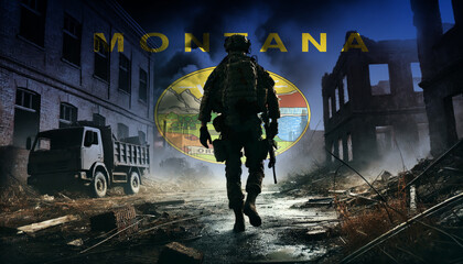 A lone soldier walking through a war-torn urban landscape with the Montana flag overlay, symbolizing the bravery and resilience of  military forces in conflict zones.