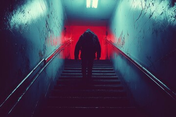 Silhouette of a Person Walking Up a Staircase in a Tunnel