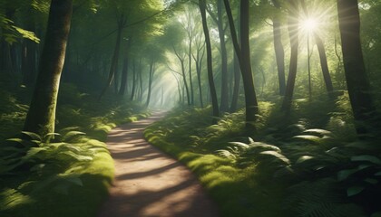 Obraz premium Sunlit Path Through Lush Green Forest