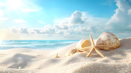 Obraz premium Serene Coastal Escape Featuring Sunlit Seashells and Starfish on Golden Sands Under a Bright Blue Sky with Gently Rolling Waves