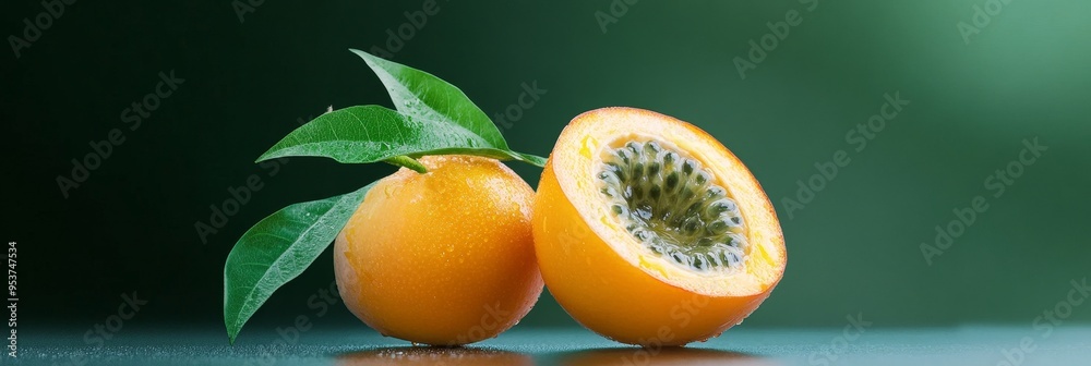 Sticker A vibrant passion fruit cut in half, revealing its juicy flesh and black seeds, sits beside a whole passion fruit with green leaves on a green background. The image evokes feelings of freshness, healt