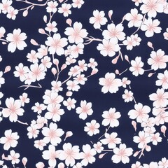 A traditional Japanese fabric pattern showcasing a repeating design of Sakura blossoms floating in a gentle breeze. The cherry blossoms are depicted in delicate shades of pink and white, with soft