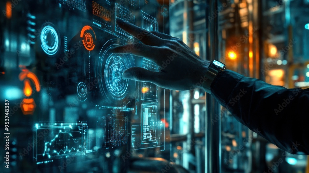 Poster Hand Interacting with Holographic Interface in Futuristic Setting