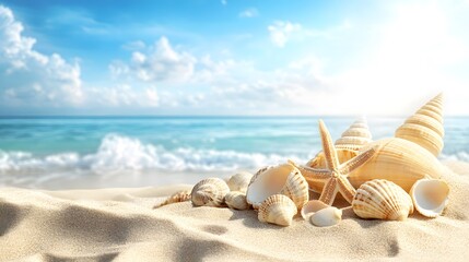 Obraz premium Serene Coastal Escape Featuring Sunlit Seashells and Starfish on Golden Sands Under a Bright Blue Sky with Gently Rolling Waves