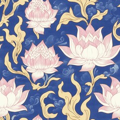 A traditional Thai fabric pattern featuring a repeating design of sacred lotus flowers and Kanok flames. The lotus flowers are depicted in soft pinks and whites, with delicate petals and intricate