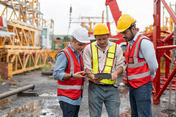 Team of construction civil engineers or workers wearing safety gear examine project plans on digital tablet at construction site.
