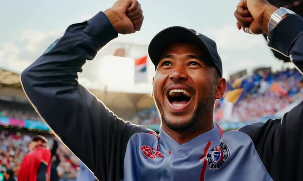 Excited Japanese Man Cheering at Local Sports Game