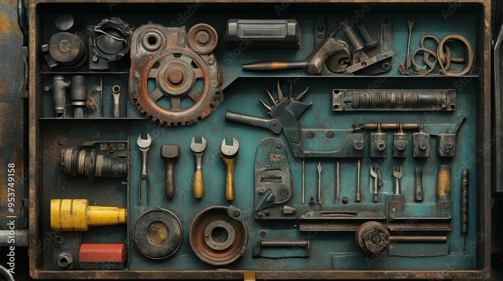 Poster an assortment of rusty tools and parts in a wooden box