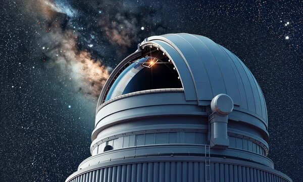 Modern observatory opening to a star-filled night sky