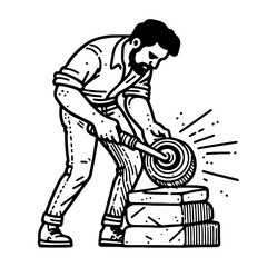 Man Grinding Stone With Hand Grinder.