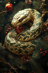 Fototapeta premium illustration with a wood snake on christmas tree