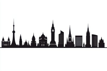 Fototapeta premium Silhouette of various city skylines in black against a white background.