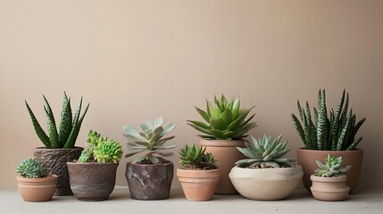 Fototapeta premium Assorted Succulents in Terracotta Pots Against a Tan Wall
