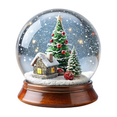 Christmas snow globe featuring a decorated tree and a cozy house inside. Capture a snowy winter scene, complete with falling snowflakes and warm lights. Isolated on transparent background, png.