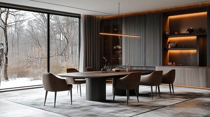 Fototapeta premium Minimalist dining table with smooth lines and a refined modern centerpiece