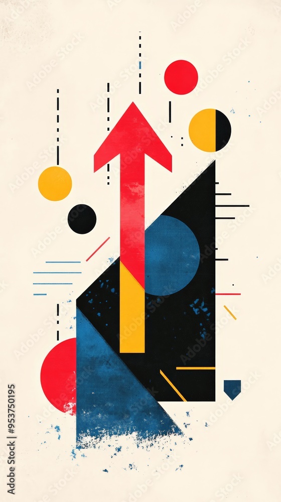 Poster modern abstract illustration with a large red upward arrow and geometric shapes on a minimalist back