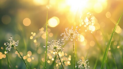 Beautiful grass flowers covered in morning dew, with the sun shining through, set against a tranquil naturistic background