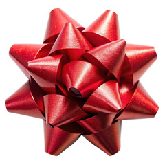 Red metallic gift bow with a shiny, reflective finish. This vibrant bow adds a bold and festive touch to any gift, perfect for Christmas or other celebrations. Isolated on transparent background, png.