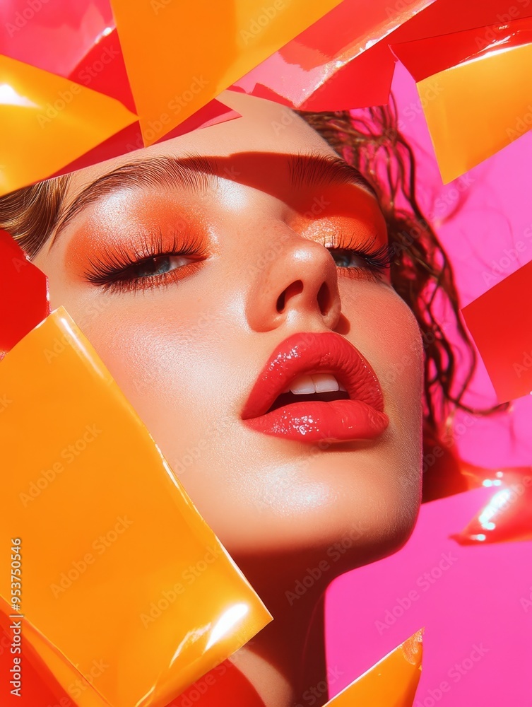 Wall mural A captivating portrait of a woman with bold makeup and a retro futuristic aesthetic. Geometric shapes frame her face, creating a dynamic and modern composition. The vibrant colors and dramatic lightin