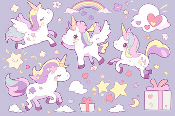 With cute little unicorns, rainbow and magic elements and gifts
