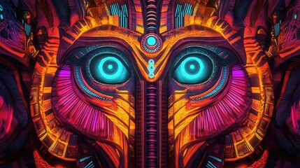 Naklejka premium Bright neon geometric patterns illuminate a dark background, creating a captivating digital artwork with a futuristic vibe