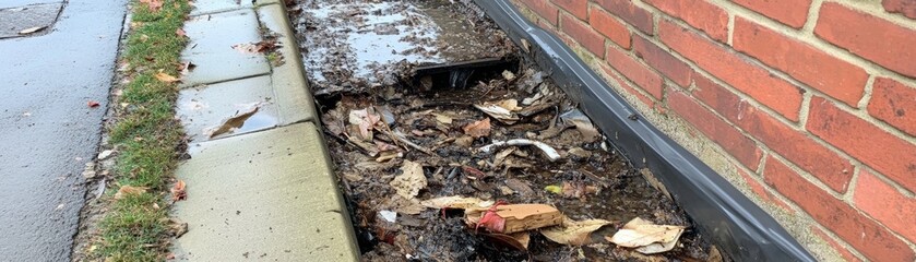 Fototapeta premium Creative Abstract Design of Gutter Debris Accumulation: Seasonal Roof Cleaning Concept. Autumn Leaves and Trash Removal for Marketing Backgrounds and Bestseller Promotions. High-Resolution 4K Wallpape