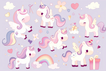 Cute unicorn set. Great for birthday invitations, baby shower cards, kids t-shirts and sticker kits