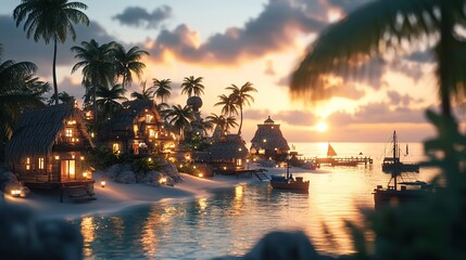 Tropical sunset at a secluded beach resort with wooden bungalows near the serene blue ocean and lush mountains in the background