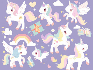 Fototapeta premium Unicorns collection. Vector illustration of cute cartoon multicolored Unicorns with rainbow mane. 