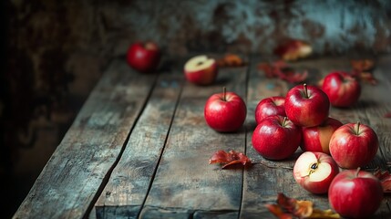 Red Apples on a Rustic Wooden Surface with Autumn Leaves