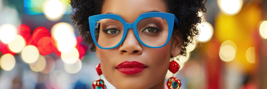 A woman with curly hair and bold blue glasses stands out with bright earrings and striking lipstick in a lively city backdrop
