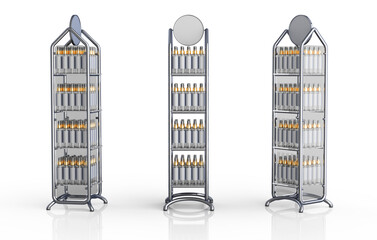 Retail metal glass display rack with cosmetic bottles and blank round topper. 3d illustration set on white background