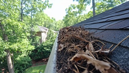 Obraz premium Creative Abstract Design of Gutter Debris Accumulation: Seasonal Roof Cleaning Concept. Autumn Leaves and Trash Removal for Marketing Backgrounds and Bestseller Promotions. High-Resolution 4K Wallpape