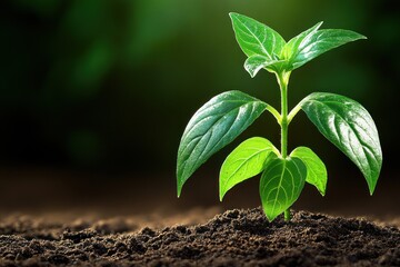 Fototapeta premium A small green plant sprouts from dark, fertile soil in gentle light