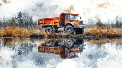Dump truck parked by a river, reflecting in the water, tranquil scene, watercolor style