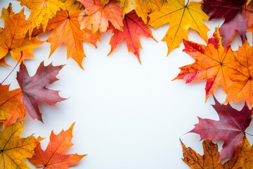 Fototapeta premium Autumn Maple Leaves Flat Lay White Background created with Generative AI