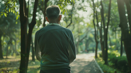 An elderly man strolls quietly through a peaceful park, enveloped by vibrant greenery and warm sunlight in the late afternoon