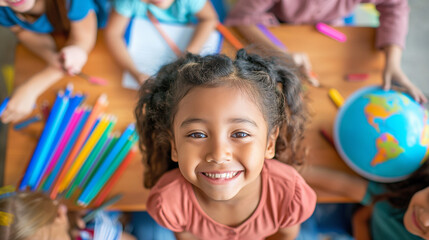 Fototapeta premium A girl of 5-9 years old in a school classroom sits at a desk next to a globe and pencils, smiling