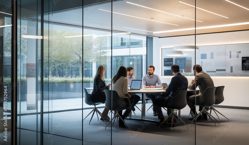 Poster Modern office environments feature diverse colleagues collaborating in meetings, sharing ideas, and enhancing innovation and productivity through readily available advanced technology solutions