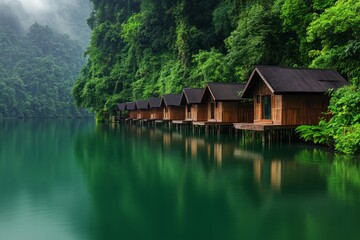 Obraz premium Relaxing wooden cottages by the calm lake. Surrounded by lush green trees and misty hills. Perfect for nature lovers and peaceful retreats. Generative AI