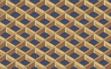 Wooden grid pattern. Abstract geometric design featuring a repeating pattern of wooden squares.  This creates an optical illusion that appears to be a 3D structure.