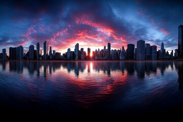 Fototapeta premium Amazing Sunset Cityscape, Red, and Reflections depicted in an urban setting where the sunset turns the sky red, with skyscrapers reflecting the vibrant colors