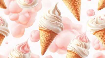 Ice Cream Cones with Pink Swirls and Drips Seamless Pattern