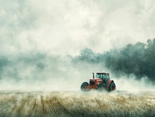 Grader moving through a foggy field, ethereal atmosphere, watercolor style